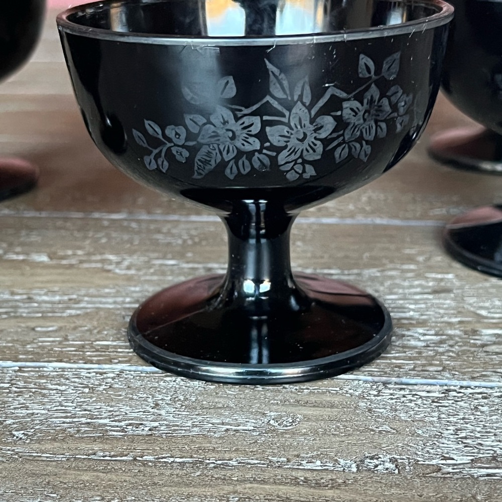 Hazel Atlas Depression Black Glass - Elegant Black Floral Etched Glass Goblet